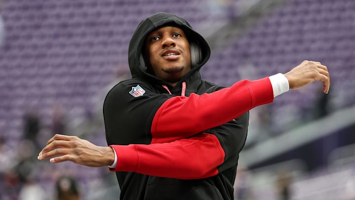 Dec 8, 2024; Minneapolis, Minnesota, USA; Atlanta Falcons quarterback Michael Penix Jr. (9) warms up before the game against the Minnesota Vikings at U.S. Bank Stadium.  