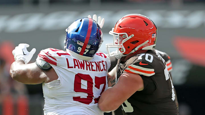 Cleveland Browns guard Zak Zinter (70) works against New York Giants defensive tackle Dexter Lawrence II (97) during the second half of an NFL football game at Huntington Bank Field, Sunday, Sept. 22, 2024, in Cleveland, Ohio.