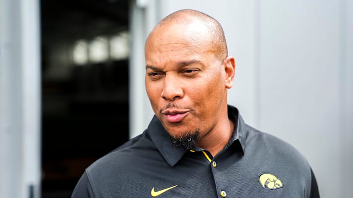 Iowa running backs coach Ladell Betts speaks to reporters during Hawkeyes NCAA football media day, Friday, Aug. 12, 2022, in Iowa City, Iowa. Iowa running backs coach Ladell Betts speaks to reporters during Hawkeyes NCAA football media day, Friday, Aug. 12, 2022, in Iowa City, Iowa.