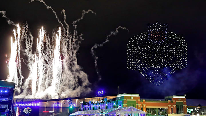 A drone show over Ray Nitschke Field closes out the second day of the NFL Draft presented by Bud Light at the Draft Theater Friday, April 25, 2025, outside of Lambeau Field in Green Bay, Wisconsin. A drone show over Ray Nitschke Field closes out the second day of the NFL Draft presented by Bud Light at the Draft Theater Friday, April 25, 2025, outside of Lambeau Field in Green Bay, Wisconsin.