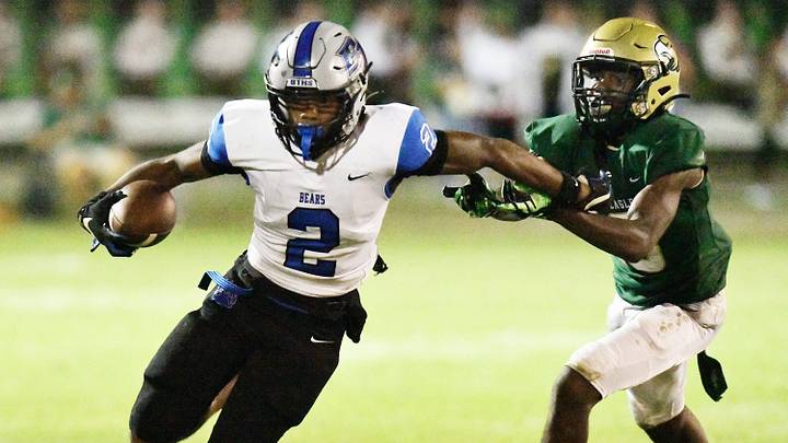 Bartram Trail Bears Arthur Lewis IV (2) gets away from Fleming Island Golden Eagles Tacori Allen (18) on a pass play which Lewis ran in for a touchdown early in the third quarter. Fleming Island played host to Bartram Trail for Friday night football, September 29, 2023. Bartram Trail Bears Arthur Lewis IV (2) gets away from Fleming Island Golden Eagles Tacori Allen (18) on a pass play which Lewis ran in for a touchdown early in the third quarter. Fleming Island played host to Bartram Trail for Friday night football, September 29, 2023.