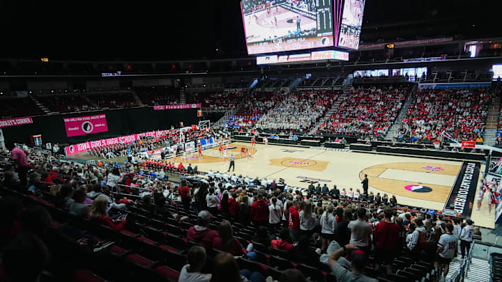 Fans watch the DCG vs. North Polk girls state basketball game on Tuesday, Feb. 27, 2024, at Wells Fargo Arena in Des Moines. Fans watch the DCG vs. North Polk girls state basketball game on Tuesday, Feb. 27, 2024, at Wells Fargo Arena in Des Moines.
