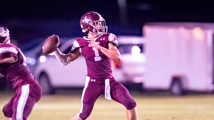 Eagles quarterback Jonathan Dartez 1 throws a pass as Vermillion Catholic takes on Breaux Bridge football. Friday, Sept. 13, 2024. Eagles quarterback Jonathan Dartez 1 throws a pass as Vermillion Catholic takes on Breaux Bridge football. Friday, Sept. 13, 2024.