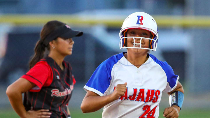 Indio's Jaeda Diaz (24) rounds second base after hitting a home run during their CIF-SS Division 6 playoff game at Indio High School in Indio, Calif., Thursday, May 2, 2024.