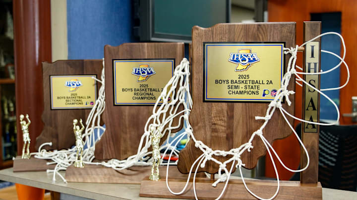 Boys basketball trophies from 2025 sectionals, regionals and semi-state sit on display at University High School on Wednesday, March 26, 2025, in Carmel. The school's boys basketball team is headed to the IHSAA 2A State Championship for the first time in the school’s history on Saturday March 29, 2025, at Gainbridge Fieldhouse. Boys basketball trophies from 2025 sectionals, regionals and semi-state sit on display at University High School on Wednesday, March 26, 2025, in Carmel. The school's boys basketball team is headed to the IHSAA 2A State Championship for the first time in the school’s history on Saturday March 29, 2025, at Gainbridge Fieldhouse.