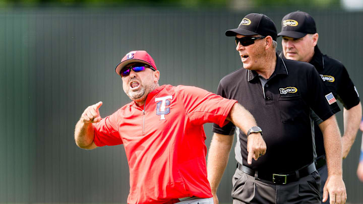 Teurlings Catholic baseball coach Brooks Badeaux during the Rebels' state championship win over St. Louis Catholic 
