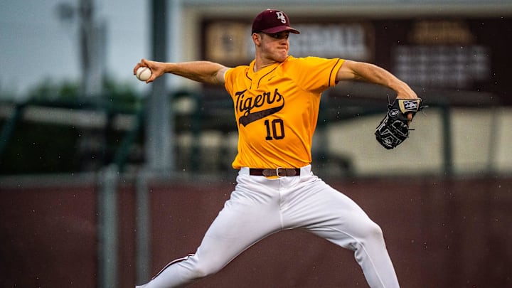 Dripping Springs pitcher Cooper Rummel pitches in the first inning as the Tigers take on the San Antonio Clark Cougars in the first game of the Class 6A Division II area round playoff series, May 8, 2025. Rummel could be picked in the MLB Draft, which runs July 13-14.