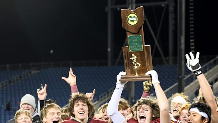 New Bremen Cardinals vs Warren John F. Kennedy Eagles in the OHSAA Division VII State Championship football game at Tom Benson Hall of Fame Stadium. Saturday, December 03, 2022.