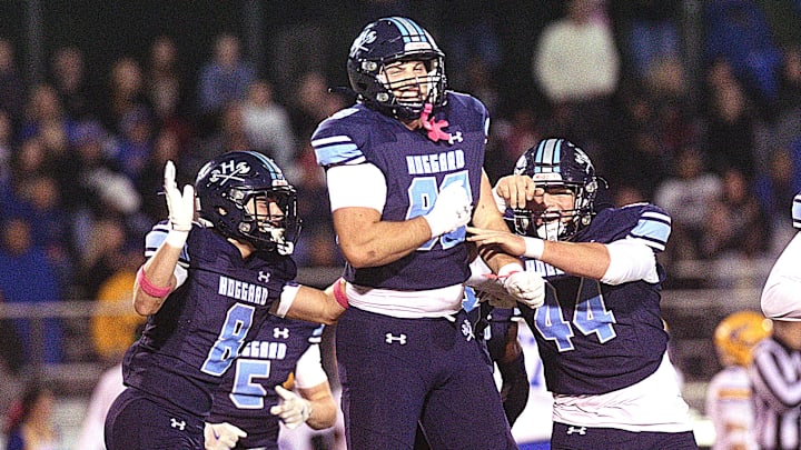 Hoggard celebrates after they intercepted the ball as Hoggard took on Laney Oct. 17, 2025 in Wilmington, N.C. Hoggard beat Laney 28 to14. KEN BLEVINS/STARNEWS