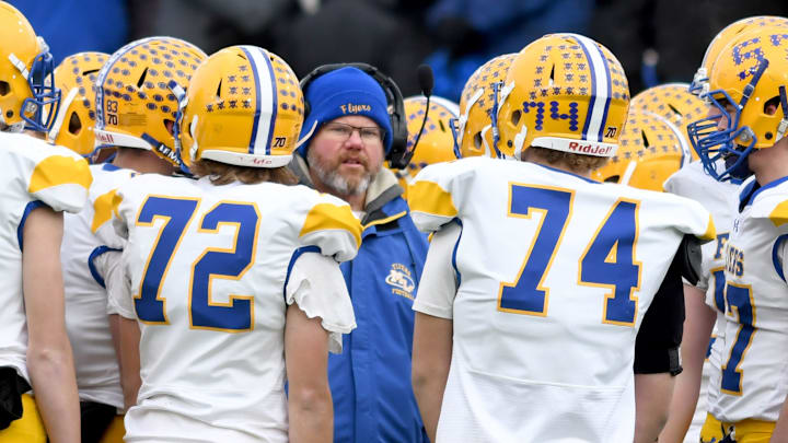 Marion Local coach Tim Goodwin talks to players during a first-quarter timeout against Hillsdale in the Division VII state finals, Friday, Dec. 6, 2024, in Canton.