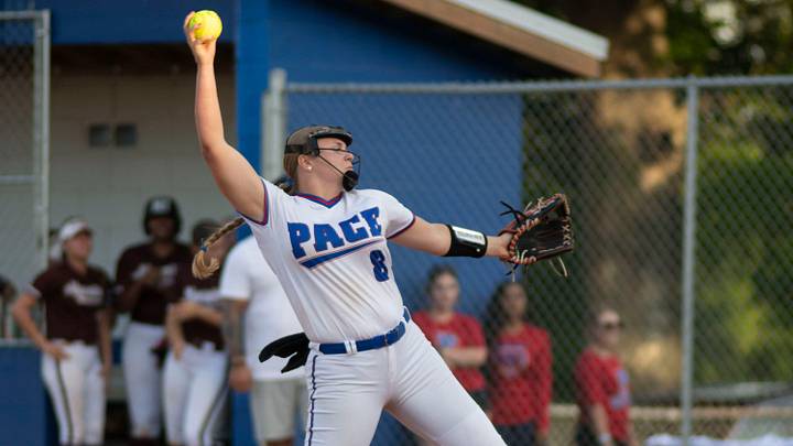 Pace High School's Hannah DeMarcus (8) pitches against Navarre during the Region 1-6A softball final. The Patriots dominated, 11-0, and went on to win the state championship, Pace High School's Hannah DeMarcus (8) pitches against Navarre during the Region 1-6A softball final. The Patriots dominated, 11-0, and went on to win the state championship,