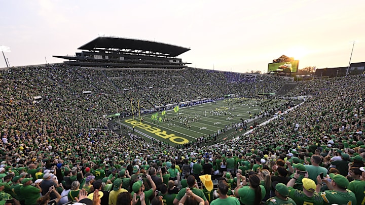 The Oregon Ducks football team run out on the field before a game against the Boise State Broncos at Autzen Stadium. The game of the week is No. 2 Ohio State's visit to No. 3 Oregon.