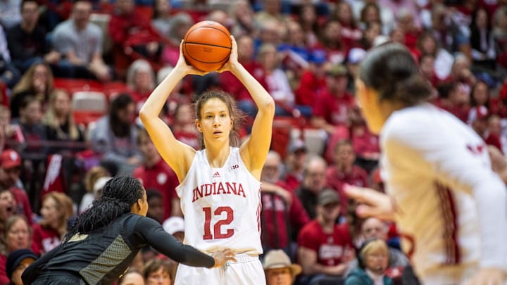 Indiana's Yarden Garzon (12) looks for Lilly Meister (52) during the Indiana versus Purdue women's basketball game at Simon Skjodt Assembly Hall on Saturday, Feb. 15, 2025.