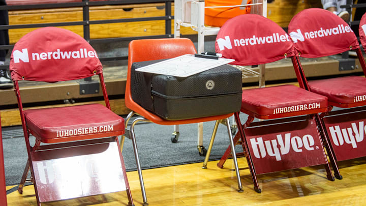 Indiana Head Coach Mike Woodson's chair before the start of the Indiana versus Purdue mens basketball game at Simon Skjodt Assembly Hall on Sunday, Feb. 23, 2025.
