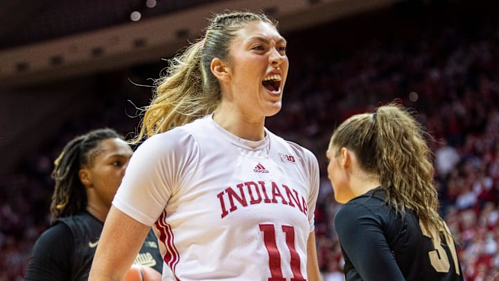 Indiana's Karoline Striplin (11) celebrates during the Indiana versus Purdue women's basketball game at Simon Skjodt Assembly Hall on Saturday, Feb. 15, 2025. Indiana's Karoline Striplin (11) celebrates during the Indiana versus Purdue women's basketball game at Simon Skjodt Assembly Hall on Saturday, Feb. 15, 2025.
