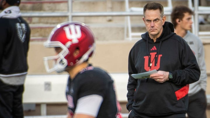 Indiana Head Coach Curt Cignetti watches as the Hoosiers get ready before the start of the Indiana football spring game at Memorial Stadium on Thursday, April 17, 2025.