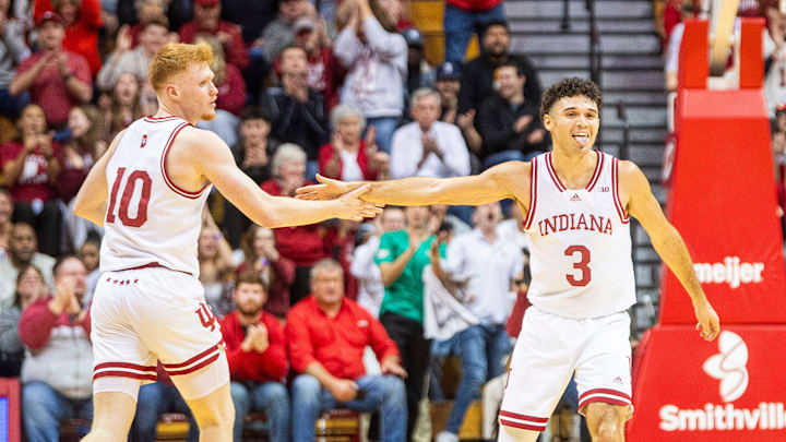 Indiana's Anthony Leal (3) celebrates with Luke Goode (10) after Goode's three-pointer during the Indiana versus Penn St. mens basketball game at Simon Skjodt Assembly Hall on Wednesday, Feb. 26, 2025. Indiana's Anthony Leal (3) celebrates with Luke Goode (10) after Goode's three-pointer during the Indiana versus Penn St. mens basketball game at Simon Skjodt Assembly Hall on Wednesday, Feb. 26, 2025.