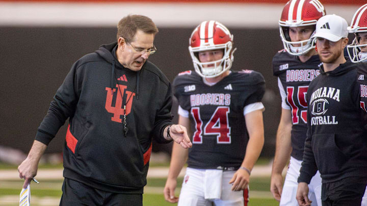 Indiana Head Coach Curt Cignetti instructs his team during spring football practice on Tuesday, April 8, 2025.
