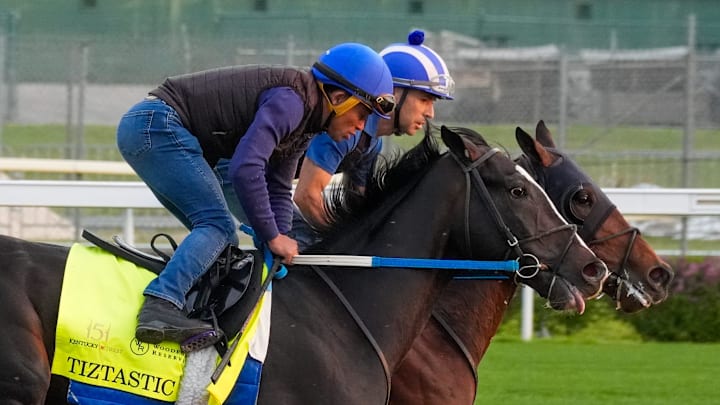 Publisher and Tiztastic, trained by Steve Asmussen, work out Saturday, April 19, 2025, at Churchill Downs two weeks ahead of the 2025 Kentucky Derby.