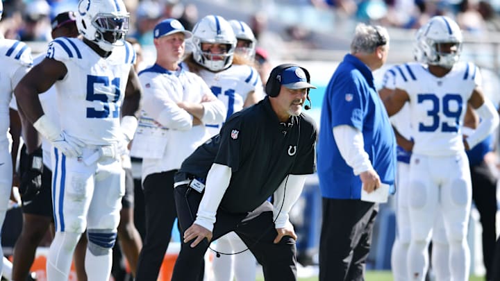 Colts Defensive Coordinator and former Jaguars Head Coach Gus Bradley on the sideline during late fourth quarter action. The Jacksonville Jaguars hosted the Indianapolis Colts at EverBank Stadium in Jacksonville, FL Sunday, October 15, 2023. The Jaguars ended the first half with a 21 to 6 lead and won with a final score of 37 to 20.