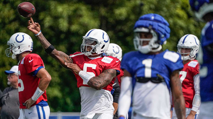 Indianapolis Colts quarterback Anthony Richardson (5) throws a pass during Colts Camp at Grand Park on Sunday, August. 4, 2024, in Westfield Ind.