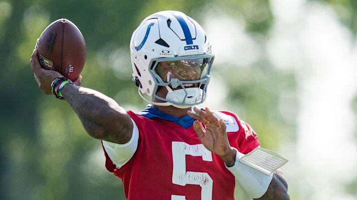 Indianapolis Colts quarterback Anthony Richardson Sr. (5) drops back to pass Wednesday, July 23, 2025, during the first day of training camp held at Grand Park in Westfield.