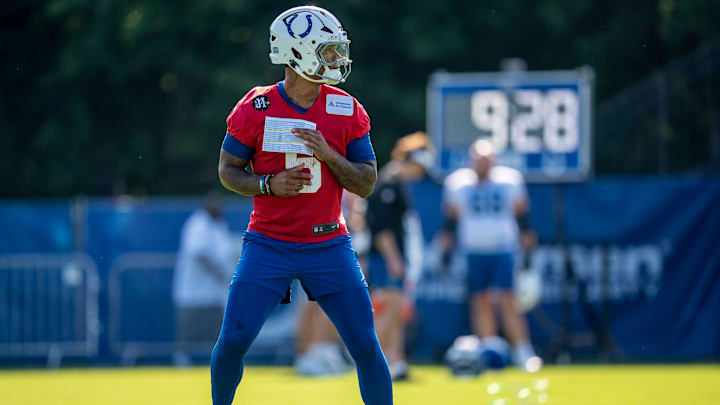 Indianapolis Colts quarterback Anthony Richardson Sr. (5) works through his play sheet Thursday, July 24, 2025, ahead of training camp held at Grand Park in Westfield.
