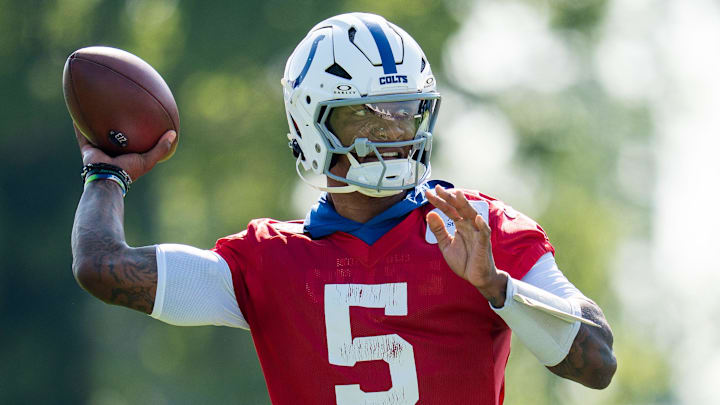 Indianapolis Colts quarterback Anthony Richardson Sr. (5) delivers a pass Wednesday, July 23, 2025, during the first day of training camp held at Grand Park in Westfield.