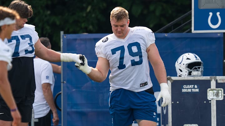 Indianapolis Colts offensive tackle Bernhard Raimann (79) gets a five from fellow offensive tackle Blake Freeland (73) on Friday, July 25, 2025, during training camp held at Grand Park in Westfield. Indianapolis Colts offensive tackle Bernhard Raimann (79) gets a five from fellow offensive tackle Blake Freeland (73) on Friday, July 25, 2025, during training camp held at Grand Park in Westfield.