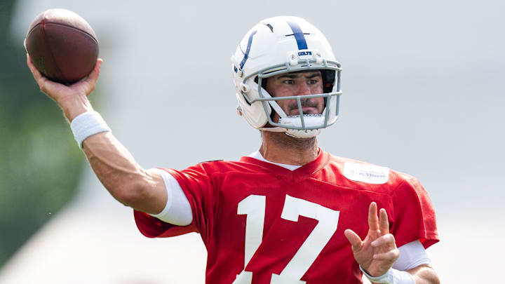 Indianapolis Colts quarterbacks Daniel Jones (17) passes Friday, July 25, 2025, during training camp held at Grand Park in Westfield.