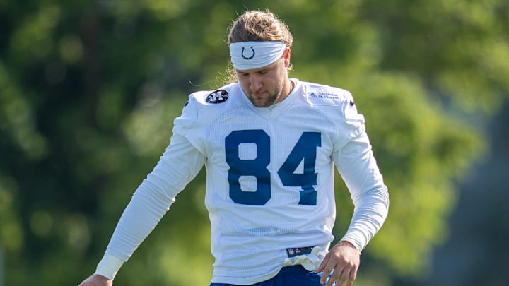 Indianapolis Colts tight end Tyler Warren (84) tosses a football Thursday, July 24, 2025, ahead of training camp held at Grand Park in Westfield.