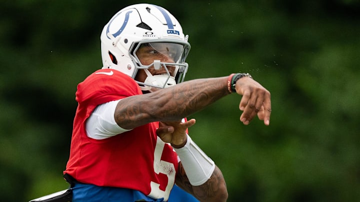 Indianapolis Colts quarterback Anthony Richardson Sr. (5) delivers a pass Monday, July 28, 2025, during training camp held at Grand Park in Westfield.