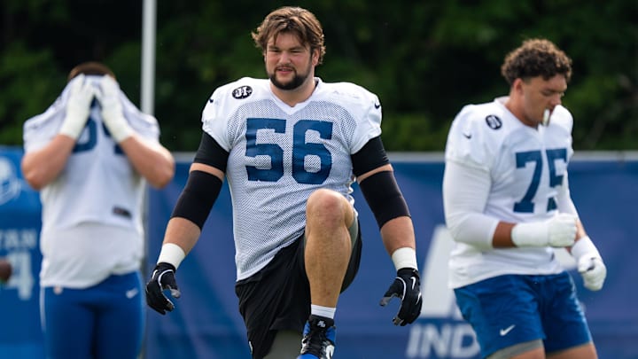 Indianapolis Colts guard Quenton Nelson (56) warms up Friday, July 25, 2025, ahead of training camp held at Grand Park in Westfield. Indianapolis Colts guard Quenton Nelson (56) warms up Friday, July 25, 2025, ahead of training camp held at Grand Park in Westfield.