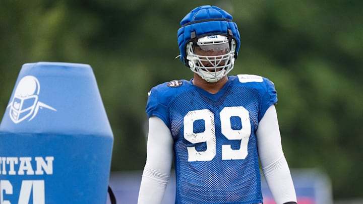 Indianapolis Colts defensive tackle DeForest Buckner (99) works through drills Monday, July 28, 2025, during training camp held at Grand Park in Westfield.