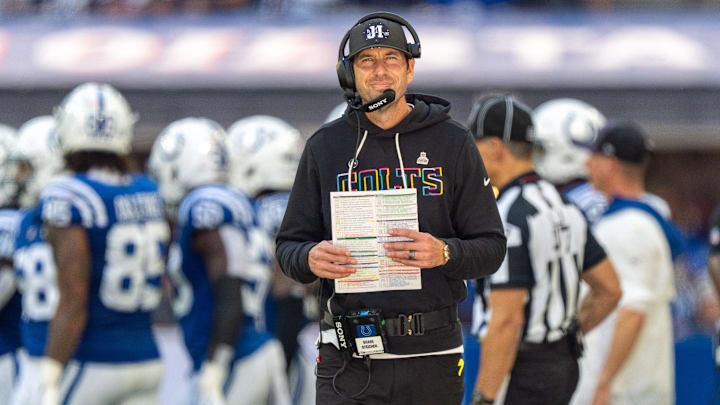 Indianapolis Colts head coach Shane Steichen walks the sideline during the game Sunday, Oct. 12, 2025, against the Arizona Cardinals at Lucas Oil Stadium in Indianapolis. Indianapolis Colts head coach Shane Steichen walks the sideline during the game Sunday, Oct. 12, 2025, against the Arizona Cardinals at Lucas Oil Stadium in Indianapolis.