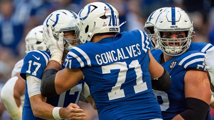 Indianapolis Colts offensive tackle Matt Goncalves (71) celebrates a touchdown pass with quarterback Daniel Jones (17) on Sunday, Oct. 12, 2025, against the Arizona Cardinals at Lucas Oil Stadium in Indianapolis. Indianapolis Colts offensive tackle Matt Goncalves (71) celebrates a touchdown pass with quarterback Daniel Jones (17) on Sunday, Oct. 12, 2025, against the Arizona Cardinals at Lucas Oil Stadium in Indianapolis.