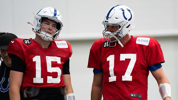 Indianapolis Colts quarterbacks Philip Rivers (17) and Riley Leonard (15) talk Wednesday, Dec. 10, 2025, during practice at the Colts training facility in Indianapolis. Indianapolis Colts quarterbacks Philip Rivers (17) and Riley Leonard (15) talk Wednesday, Dec. 10, 2025, during practice at the Colts training facility in Indianapolis.