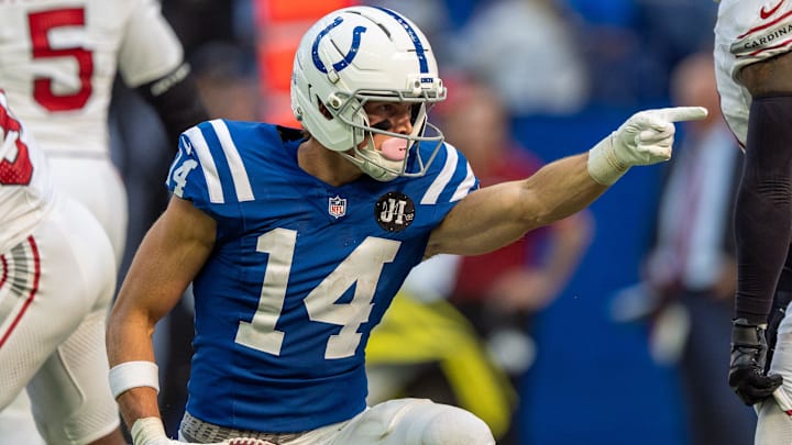 Indianapolis Colts wide receiver Alec Pierce (14) signals a first down after a catch Sunday, Oct. 12, 2025, against the Arizona Cardinals at Lucas Oil Stadium in Indianapolis.