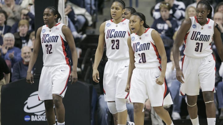 Mar 22, 2009; Storrs, CT, USA; Connecticut Huskies (L-R) guard Kalana Greene (32), forward Maya Moore (23), guard Renee Montgomery (20) and center Tina Charles (31) return to their bench during a timeout as they take on the Vermont Catamounts during the second half of the first round in the 2009 NCAA womens basketball tournament at Gampel Pavilion. UConn defeated Vermont 104-65. Mandatory Credit: David Butler II-Imagn Images Mar 22, 2009; Storrs, CT, USA; Connecticut Huskies (L-R) guard Kalana Greene (32), forward Maya Moore (23), guard Renee Montgomery (20) and center Tina Charles (31) return to their bench during a timeout as they take on the Vermont Catamounts during the second half of the first round in the 2009 NCAA womens basketball tournament at Gampel Pavilion. UConn defeated Vermont 104-65. Mandatory Credit: David Butler II-Imagn Images