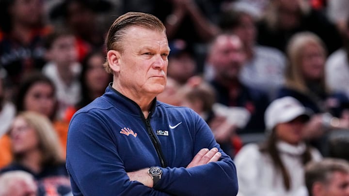 Illinois Fighting Illini head coach Brad Underwood watches the action Friday, March 14, 2025, in a quarterfinals game at the 2025 TIAA Big Ten Men’s Basketball Tournament between the Maryland Terrapins and the Illinois Fighting Illini at Gainbridge Fieldhouse in Indianapolis.