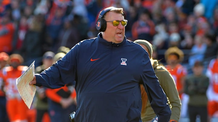 Nov 11, 2023; Champaign, Illinois, USA;  Illinois Fighting Illini head coach Bret Bielema reacts to a call during the second half against the Indiana Hoosiers at Memorial Stadium. Mandatory Credit: Ron Johnson-Imagn Images