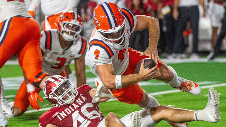 Indiana's Isaiah Jones (46) sacks Illinois' Luke Altmeyer (9) during the Indiana versus Illinois football game at Memorial Stadium on Saturday, Sept. 20, 2025