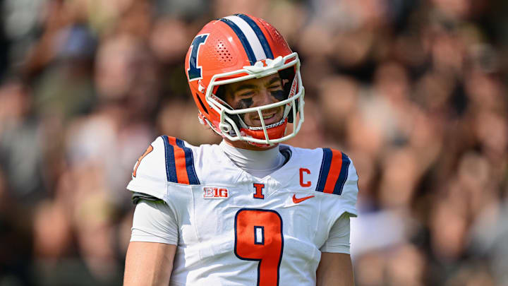 Oct 4, 2025; West Lafayette, Indiana, USA; Illinois Fighting Illini quarterback Luke Altmyer (9) looks on against the Purdue Boilermakers during the first quarter at Ross-Ade Stadium. Mandatory Credit: Marc Lebryk-Imagn Images Oct 4, 2025; West Lafayette, Indiana, USA; Illinois Fighting Illini quarterback Luke Altmyer (9) looks on against the Purdue Boilermakers during the first quarter at Ross-Ade Stadium. Mandatory Credit: Marc Lebryk-Imagn Images