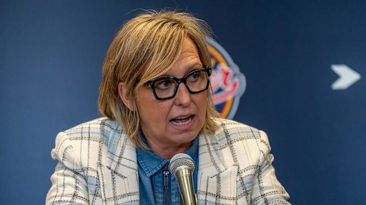 Indiana Fever General Manager Amber Cox welcomes Natasha Howard back to the team Tuesday, Feb. 4, 2025, during a press conference at Gainbridge Fieldhouse in Indianapolis. “People say you should have a one page resume,” Cox said. “Natasha cannot have that. It is several pages. Three time champion, two time all star defensive player of the year, most improved player. I mean, again, the list goes on and on and on.”