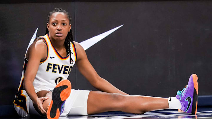 Indiana Fever guard Kelsey Mitchell (0) waits to come into the game Saturday, May 24, 2025, during a game between the Indiana Fever and the New York Liberty at Gainbridge Fieldhouse in Indianapolis. The New York Liberty defeated the Indiana Fever, 90-88.
