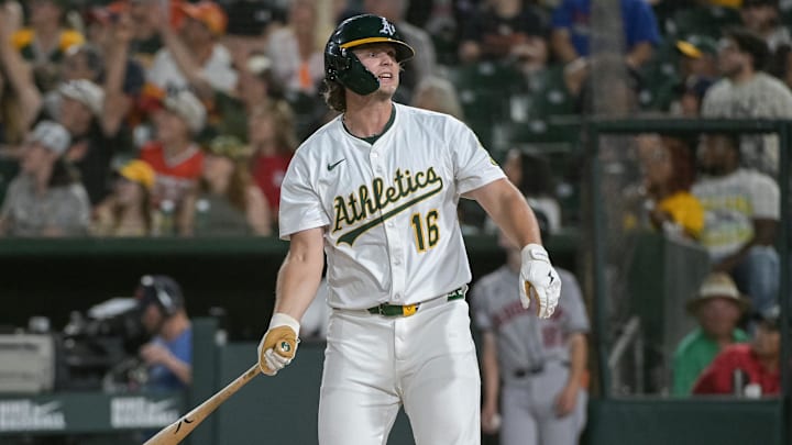 Jun 16, 2025; West Sacramento, California, USA; Athletics first baseman Nick Kurtz (16) tosses his bat after hitting a walk off home run against the Houston Astros during the ninth inning at Sutter Health Park. Mandatory Credit: Ed Szczepanski-Imagn Images Jun 16, 2025; West Sacramento, California, USA; Athletics first baseman Nick Kurtz (16) tosses his bat after hitting a walk off home run against the Houston Astros during the ninth inning at Sutter Health Park. Mandatory Credit: Ed Szczepanski-Imagn Images