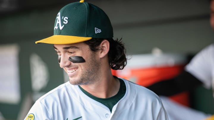 Jun 16, 2025; West Sacramento, California, USA; Athletics shortstop Jacob Wilson (5) smiles before the game against the Houston Astros at Sutter Health Park. Mandatory Credit: Ed Szczepanski-Imagn Images