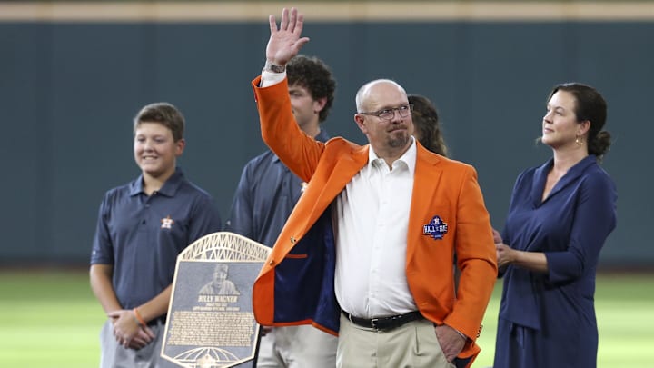 Aug 7, 2021; Houston, Texas, USA; Billy Wagner is inducted in the 2021 Houston Astros Hall of Fame before a game between the Houston Astros and the Minnesota Twins.
