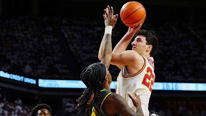 Iowa State Cyclones forward Milan Momcilovic (22) shoots the ball over Baylor Bears guard Obi Agbim (5) 