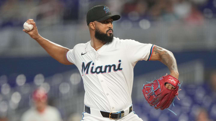 Jun 16, 2025; Miami, Florida, USA;  Miami Marlins pitcher Sandy Alcantara (22) pitches in the first inning against the Philadelphia Phillies at loanDepot Park. 